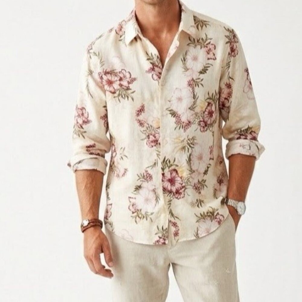 NEW Club Room Men's button 100% Linen Shirt XXL Floral Tropical Long Sleeve